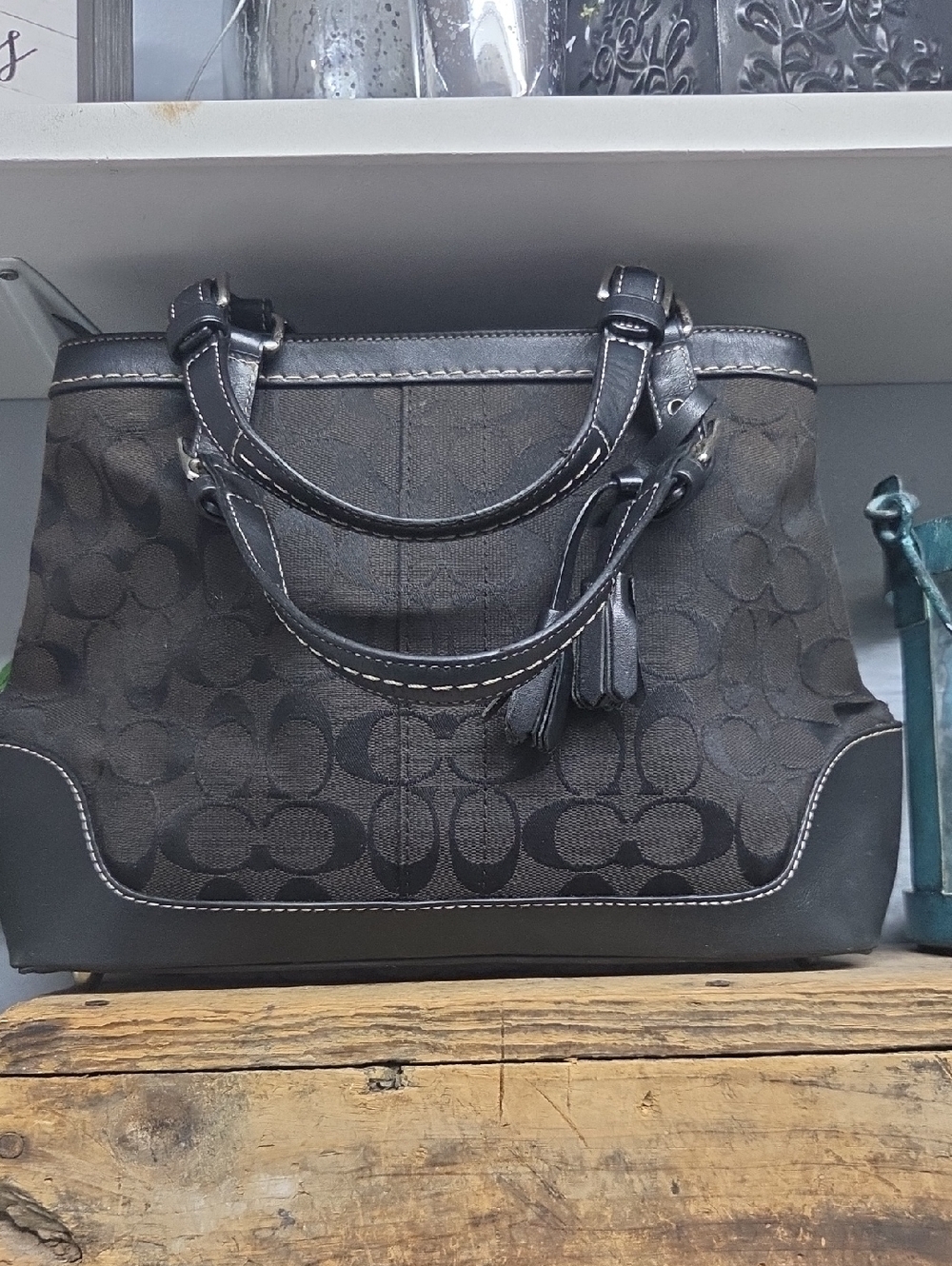 Vintage Coach Signature Jacquard & Black Leather Satchel Bag